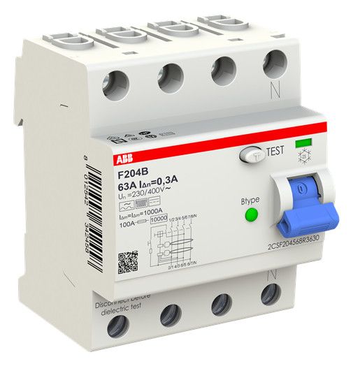 ABB F204B-63/0,3 FI-Schutzschalter Typ B 4P 63A 300mA 3kA 4TE 2CSF204568R3630