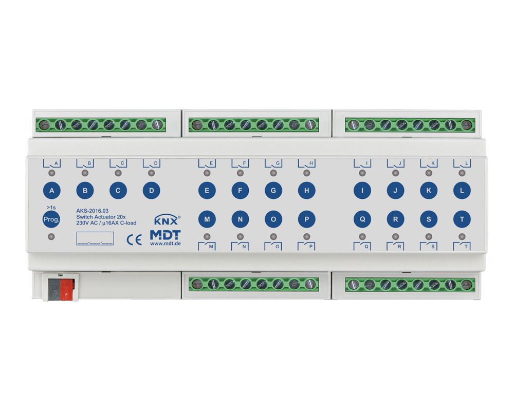MDT AKS-2016.03 Schaltaktor 20fach 12TE REG 16A 230VAC C-Last Standard 140µF