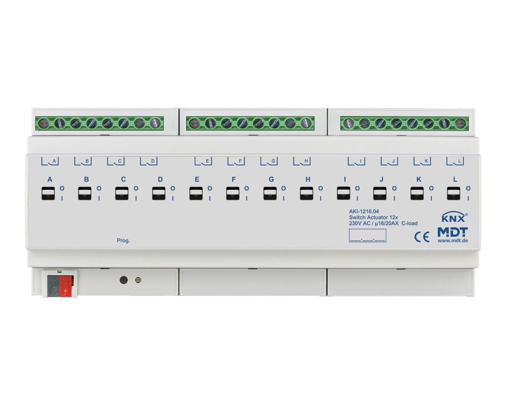 MDT AKI-1216.04 Schaltaktor 12fach 12TE REG 16/20A 230VAC C-Last Industrie 200µF