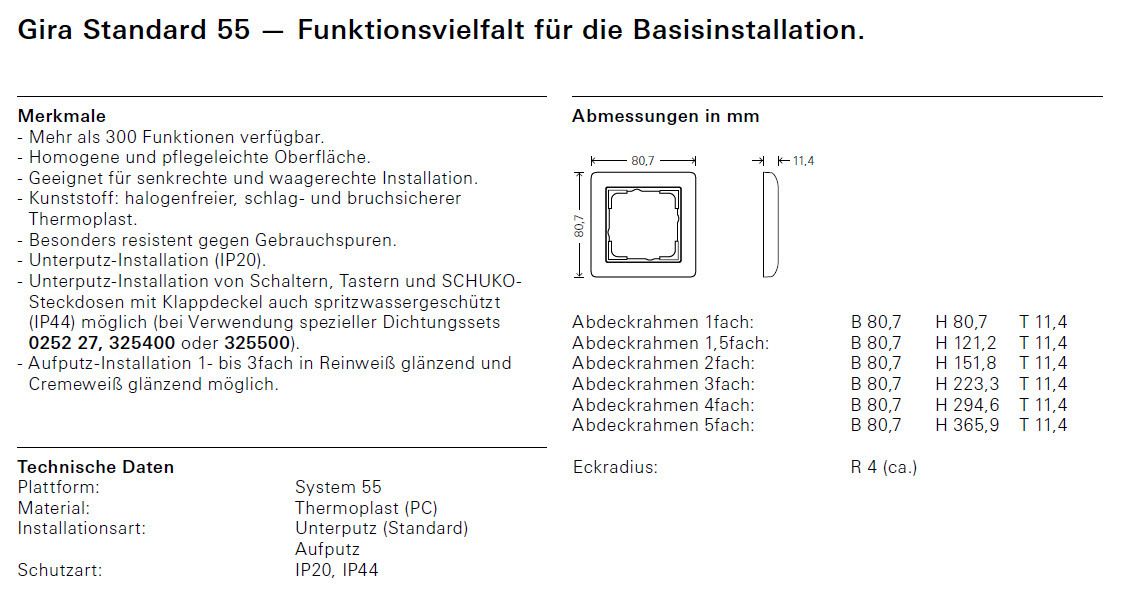 GIRA 110203 Abdeckrahmen 2fach senkrecht BSF Standard 55 Reinweiß glänzend