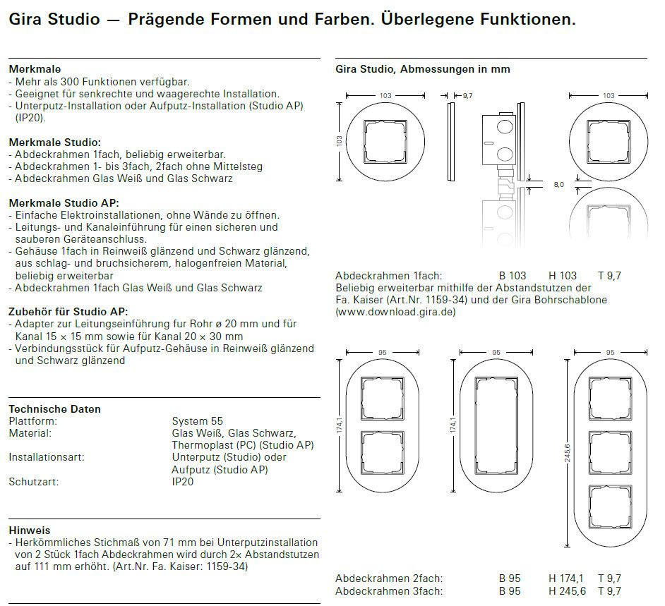 GIRA 0212135 Abdeckrahmen 2fach Studio Schwarz Glas