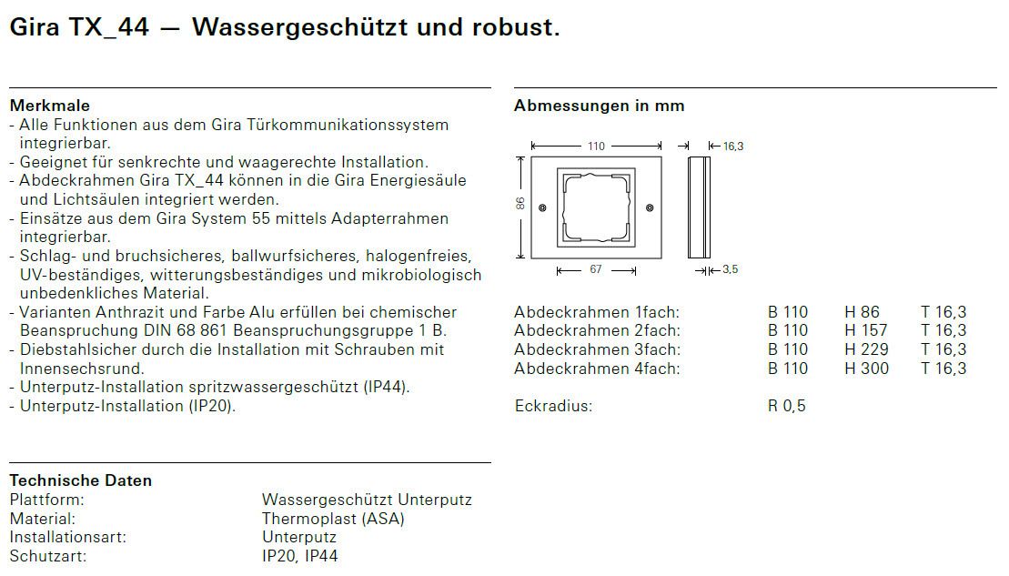 GIRA 021166 Abdeckrahmen 1fach TX_44 WG UP Reinweiß