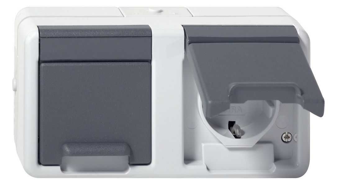 GIRA 478130 SCHUKO-Doppelsteckdose waagerecht Klappdeckel WG AP IP44 Grau