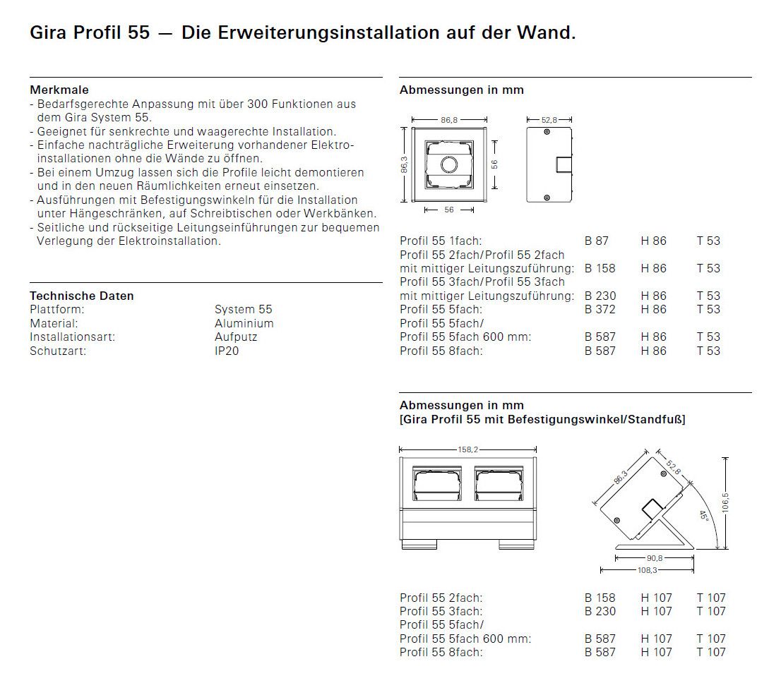GIRA 136126 Profil 1fach senkrecht+ waagerecht Profil 55 Aluminium