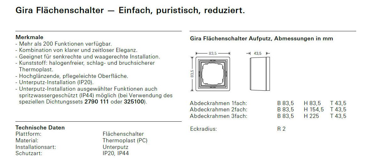 GIRA 0063112 AP-Gehäuse 3fach+Rahmen Flächenschalter Reinweiß glänzend