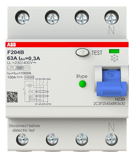 ABB F204B-63/0,3 FI-Schutzschalter Typ B 4P 63A 300mA 3kA 4TE 2CSF204568R3630