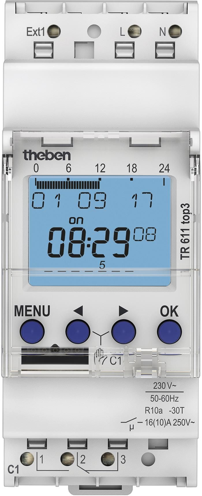 Theben TR 611 top3 Zeitschaltuhr Dig DIN 2TE 1K Wochenprgm. ext. Eingang 6110130