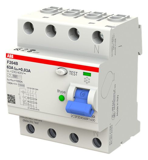 ABB F204B-63/0,03 FI-Schutzschalter Typ B 4P 63A 30mA 3kA 4TE 2CSF204568R1630