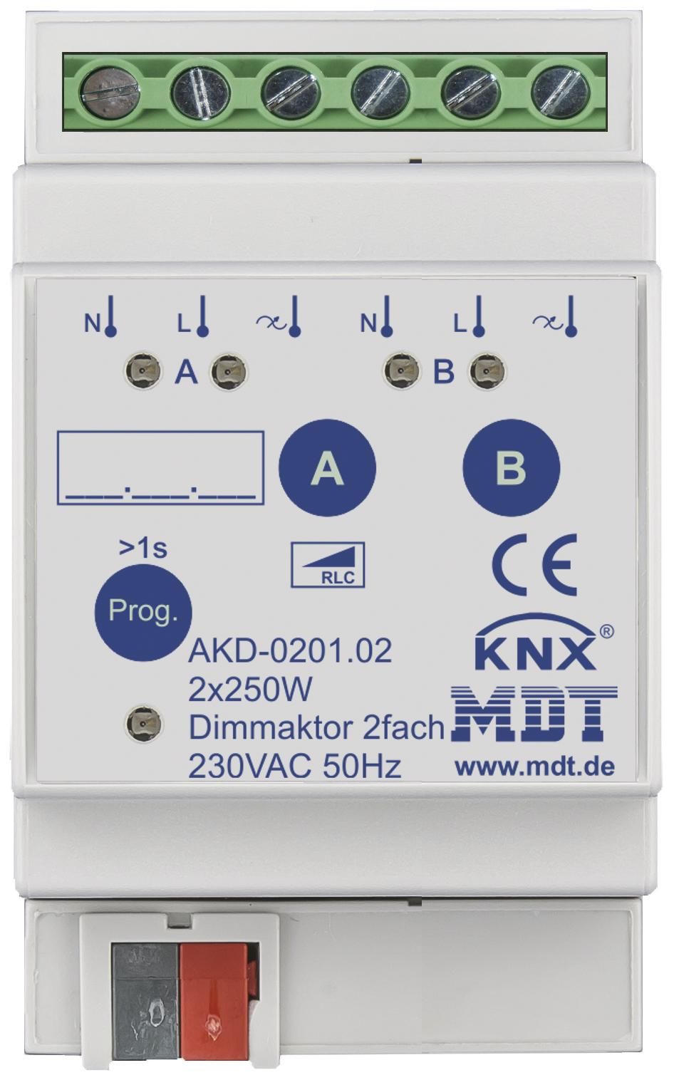 MDT AKD-0201.02 Dimmaktor 2fach 3TE REG 250W 230VAC m.Wirkleistungsmessung