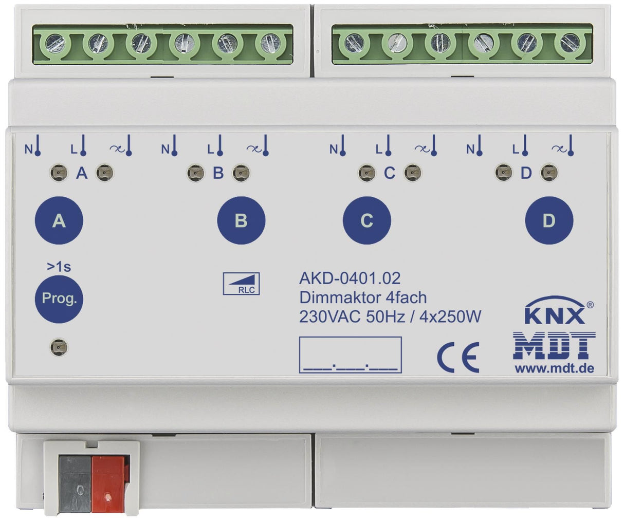 MDT AKD-0401.02 Dimmaktor 4fach 6TE REG 250W 230VAC m.Wirkleistungsmessung