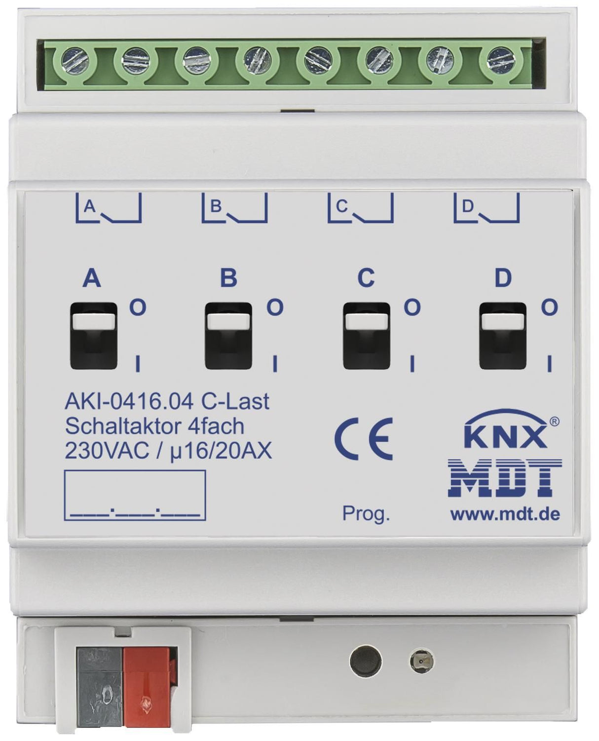 MDT AKI-0416.04 Schaltaktor 4fach 4TE REG 16/20A 230VAC C-Last Industrie 200µF