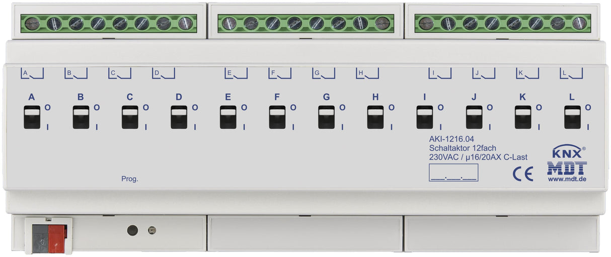 MDT AKI-1216.04 Schaltaktor 12fach 12TE REG 16/20A 230VAC C-Last Industrie 200µF
