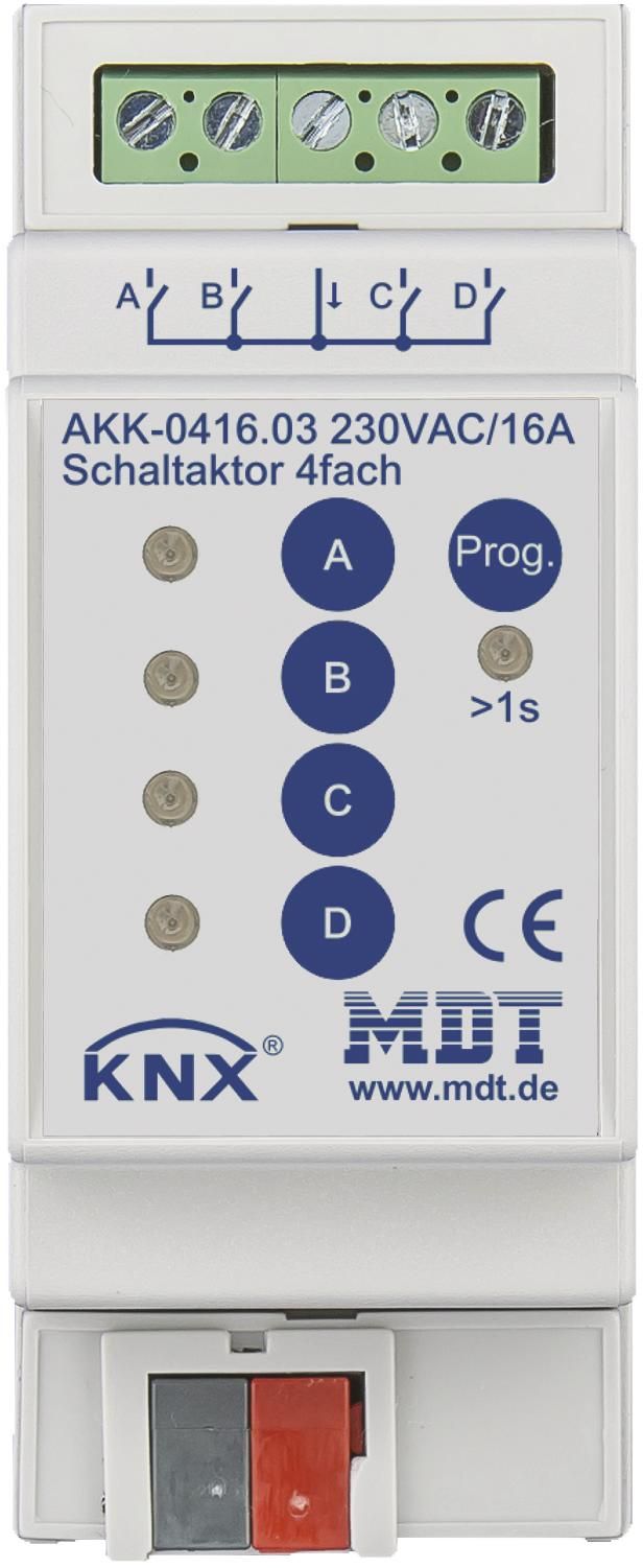 MDT AKK-0416.03 Schaltaktor 4fach 2TE REG 16A 230VAC Kompakt 70µF 10EVG