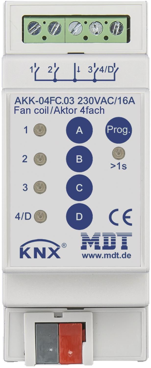 MDT AKK-04FC.03 Schaltaktor 4fach 2TE REG 16A 230VAC Komp. 70µF 10EVG Fancoil