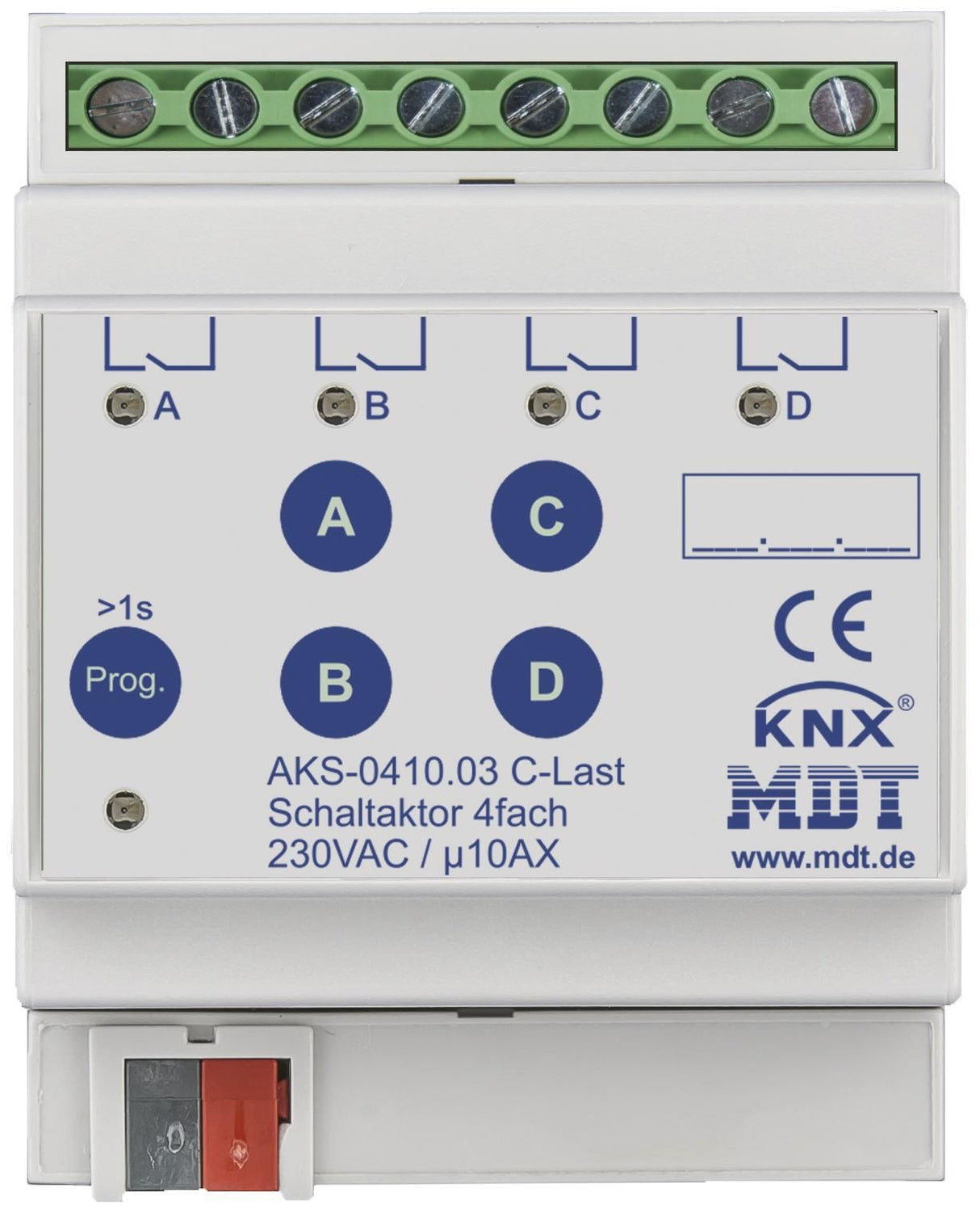 MDT AKS-0410.03 Schaltaktor 4fach 4TE REG 10A 230VAC C-Last Standard 140µF