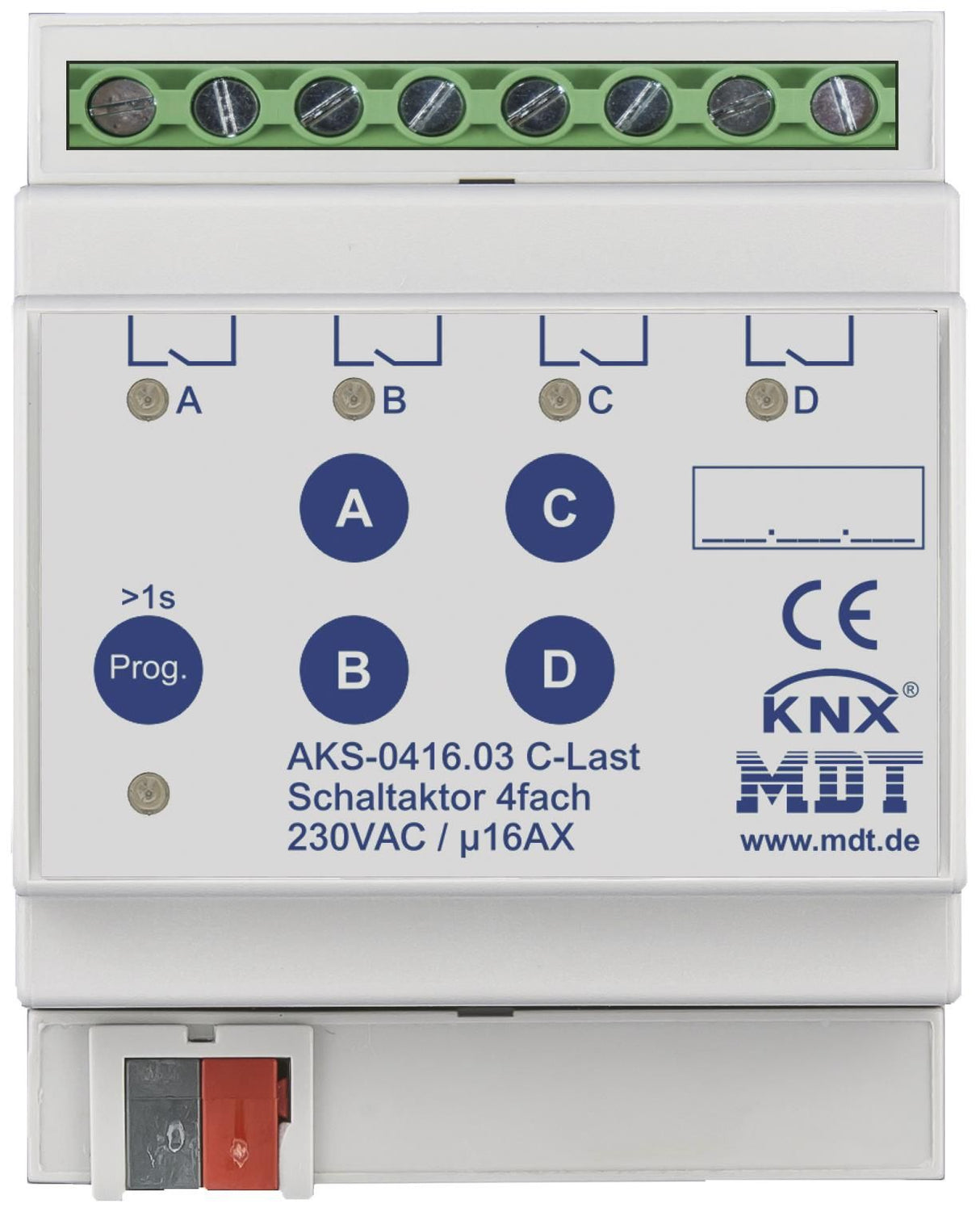 MDT AKS-0416.03 Schaltaktor 4fach 4TE REG 16A 230VAC C-Last Standard 140µF