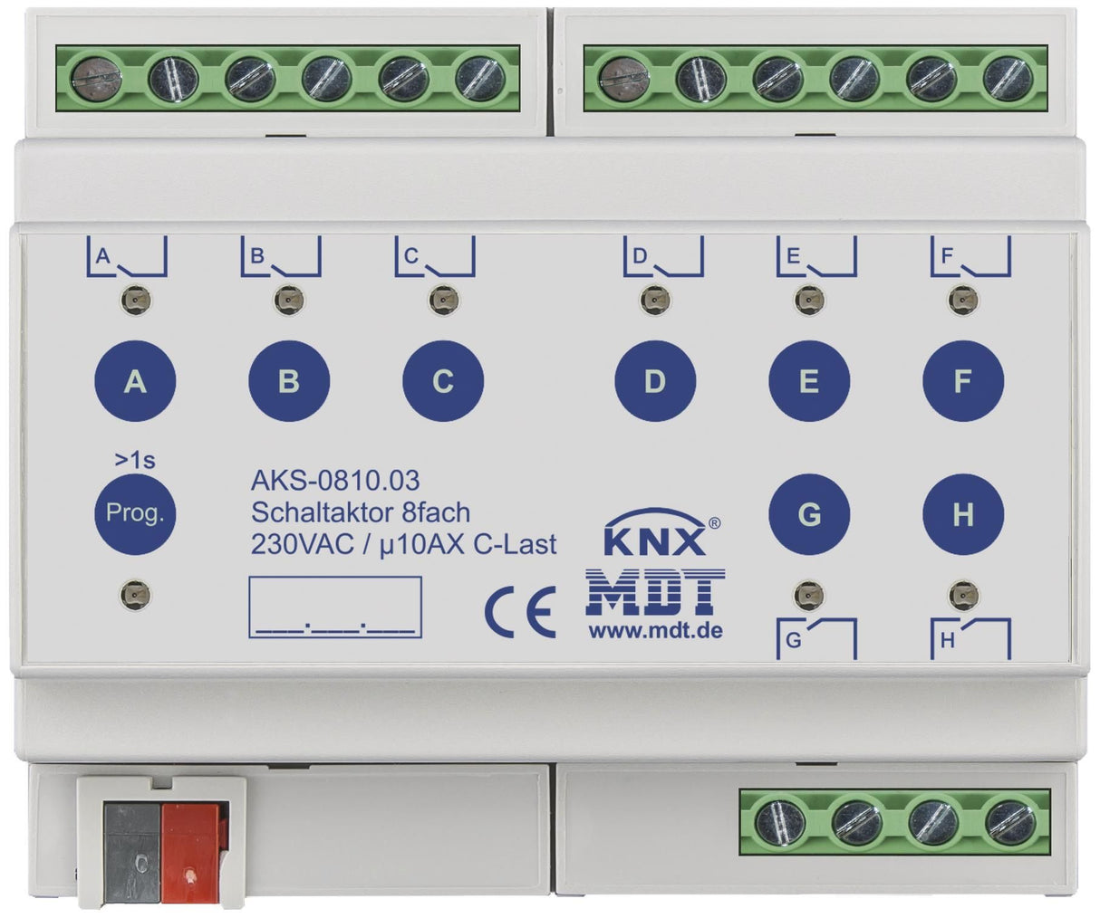 MDT AKS-0810.03 Schaltaktor 8fach 6TE REG 10A 230VAC C-Last Standard 140µF