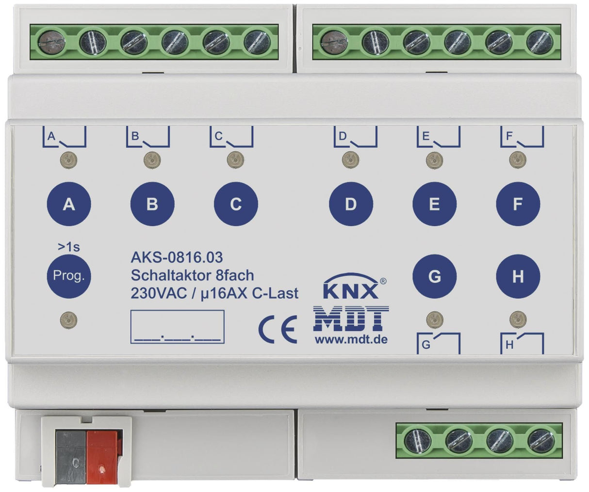 MDT AKS-0816.03 Schaltaktor 8fach 6TE REG 16A 230VAC C-Last Standard 140µF