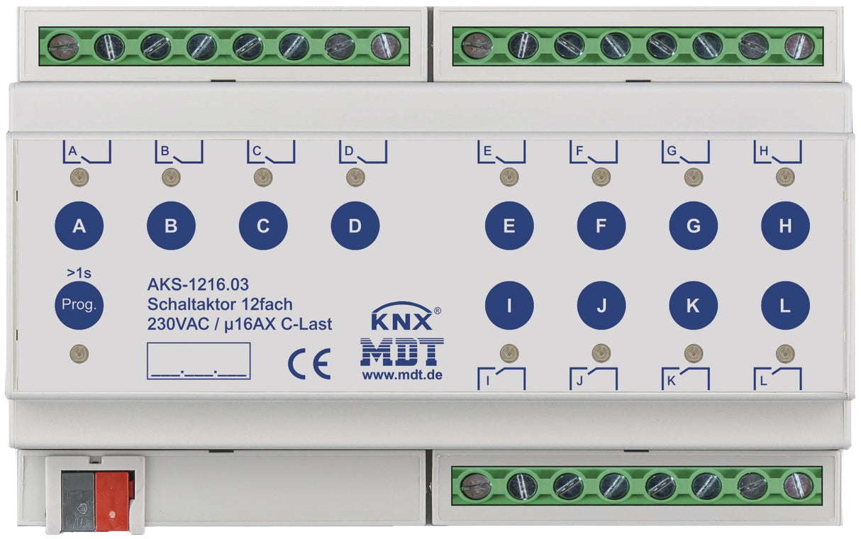 MDT AKS-1216.03 Schaltaktor 12fach 8TE REG 16A 230VAC C-Last Standard 140µF
