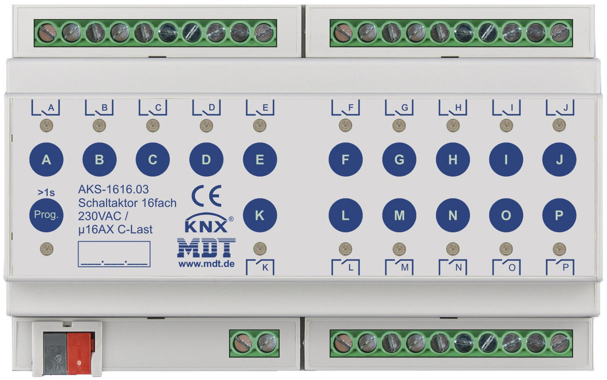 MDT AKS-1616.03 Schaltaktor 16fach 8TE REG 16A 230VAC C-Last Standard 140µF
