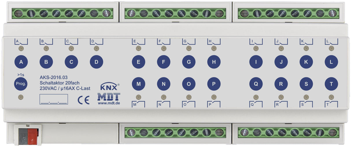 MDT AKS-2016.03 Schaltaktor 20fach 12TE REG 16A 230VAC C-Last Standard 140µF