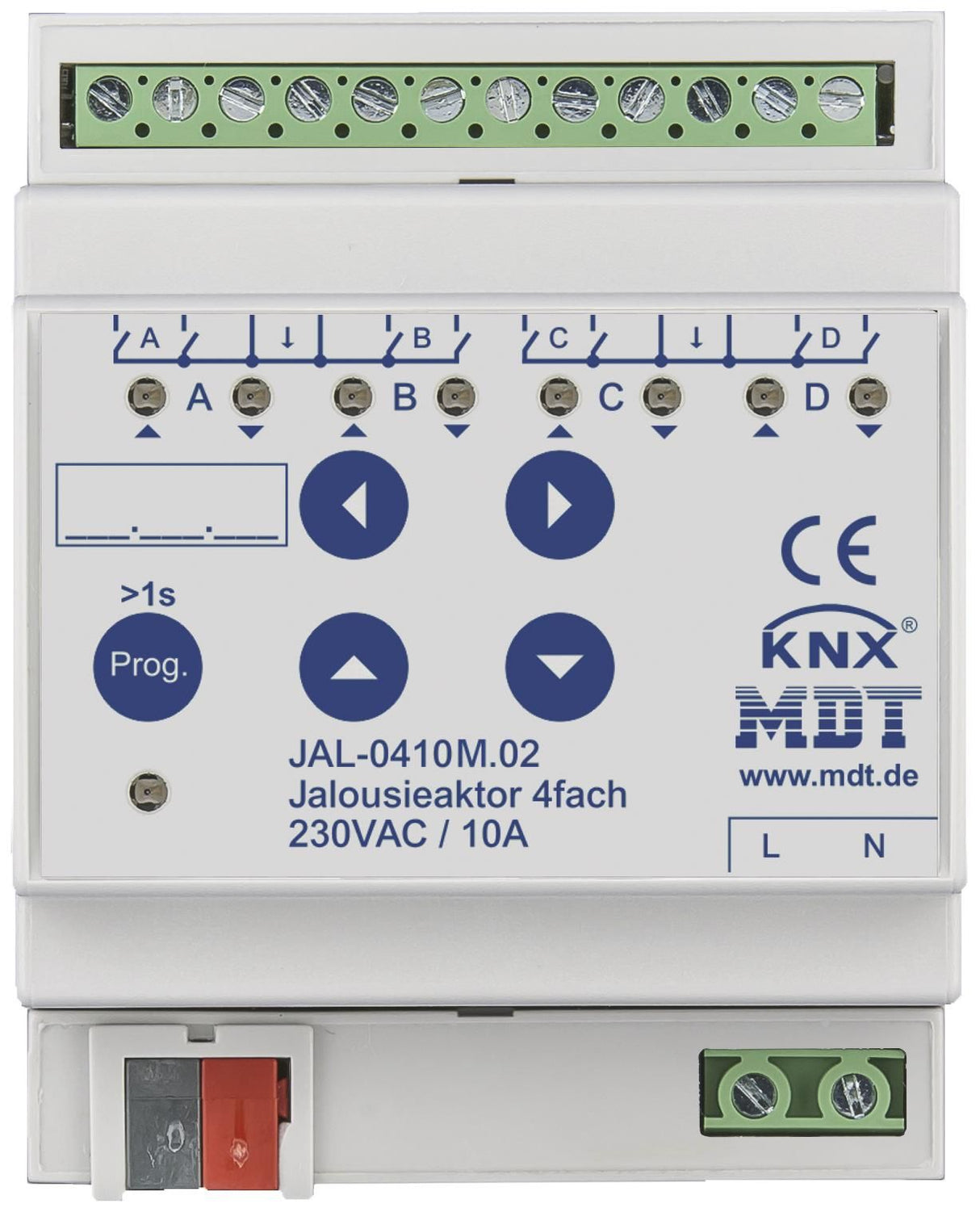 MDT JAL-0410M.02 Jalousieaktor 4fach 4TE REG 10A 230VAC m.Fahrzeitmessung