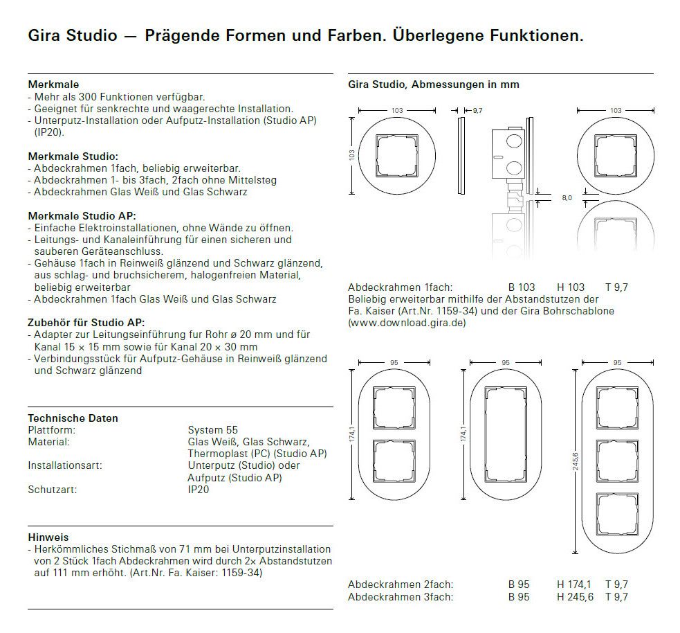 GIRA 0212135 Abdeckrahmen 2fach Studio Schwarz Glas