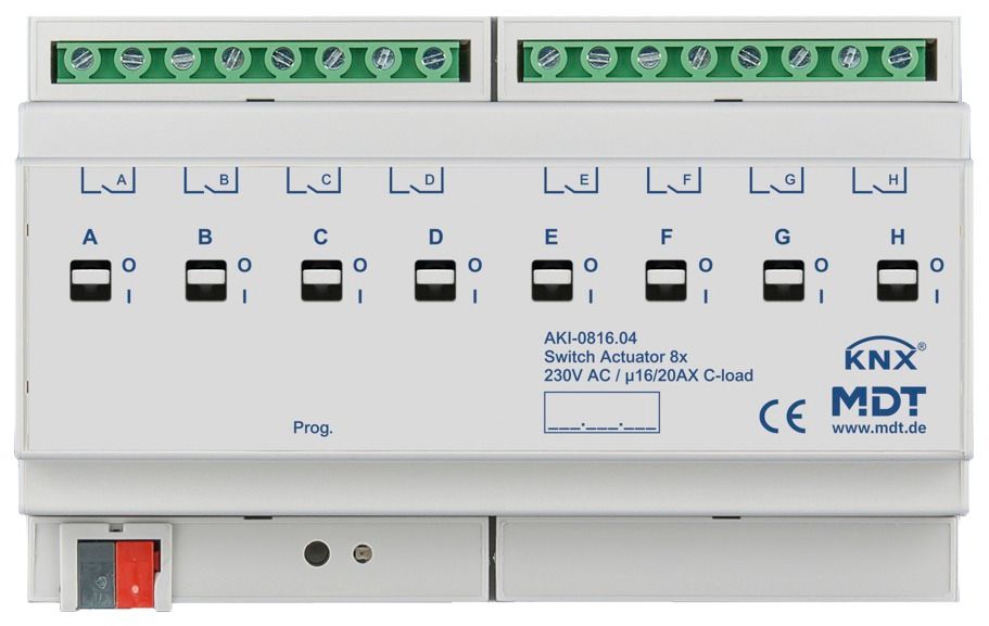 MDT AKI-0816.04 Schaltaktor 8fach 8TE REG 16/20A 230VAC C-Last Industrie 200µF