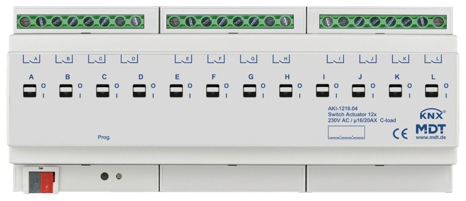 MDT AKI-1216.04 Schaltaktor 12fach 12TE REG 16/20A 230VAC C-Last Industrie 200µF