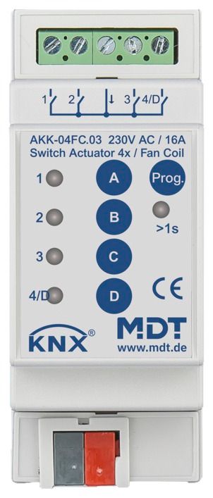 MDT AKK-04FC.03 Schaltaktor 4fach 2TE REG 16A 230VAC Komp. 70µF 10EVG Fancoil
