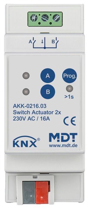 MDT AKK-0216.03 Schaltaktor 2fach 2TE REG 16A 230VAC Kompakt 70µF 10EVG