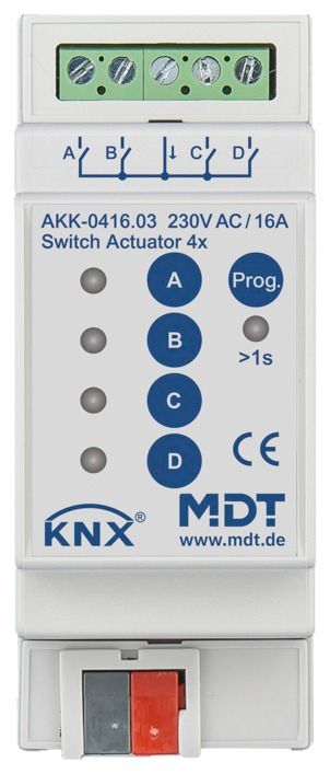MDT AKK-0416.03 Schaltaktor 4fach 2TE REG 16A 230VAC Kompakt 70µF 10EVG