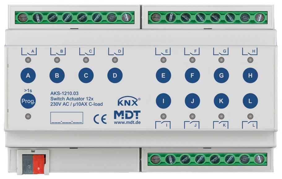 MDT AKS-1210.03 Schaltaktor 12fach 8TE REG 10A 230VAC C-Last Standard 140µF