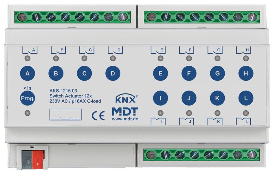 MDT AKS-1216.03 Schaltaktor 12fach 8TE REG 16A 230VAC C-Last Standard 140µF