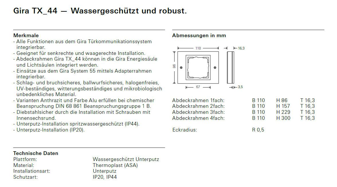 GIRA 021166 Abdeckrahmen 1fach TX_44 WG UP Reinweiß