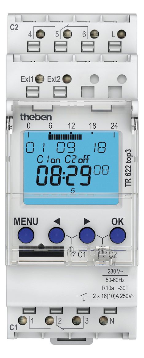 Theben TR 622 top3 Zeitschaltuhr Dig DIN 2TE 2K Wochen App ext. Eingang 6220130