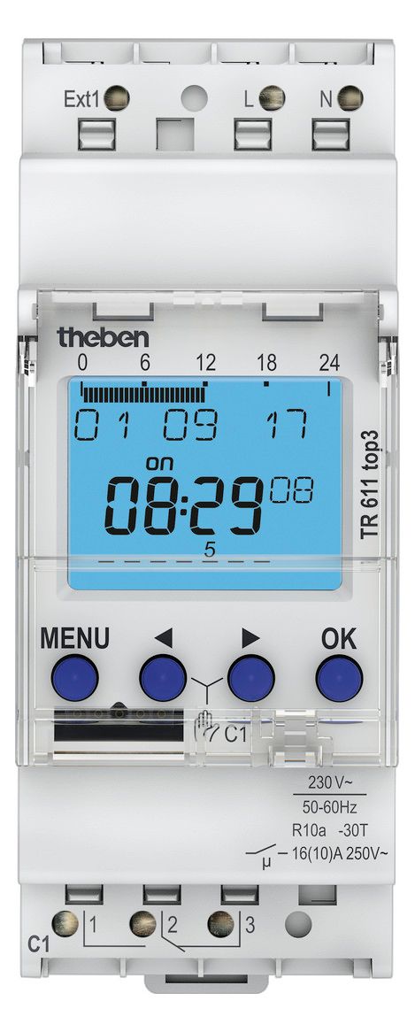 Theben TR 611 top3 Zeitschaltuhr Dig DIN 2TE 1K Wochenprgm. ext. Eingang 6110130