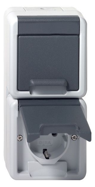 GIRA 478030 SCHUKO-Doppelsteckdose senkrecht Klappdeckel WG AP IP44 Grau