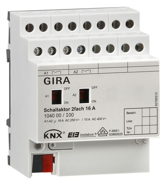 GIRA 104000 Schaltaktor 2fach 16A Hand KNX REG