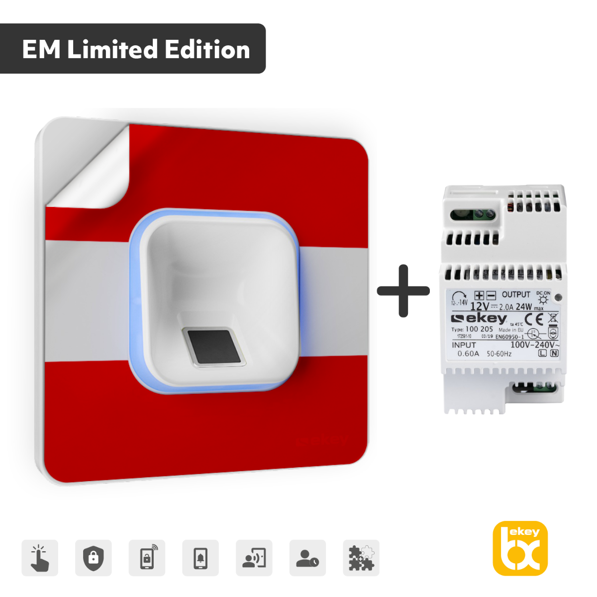 EKEY xLine Fingerprintset für Unterputzmontage, Kunststoffrahmen in Weiß inkl. Netzteil und rückstandsfreier Österreich-Klebefolie