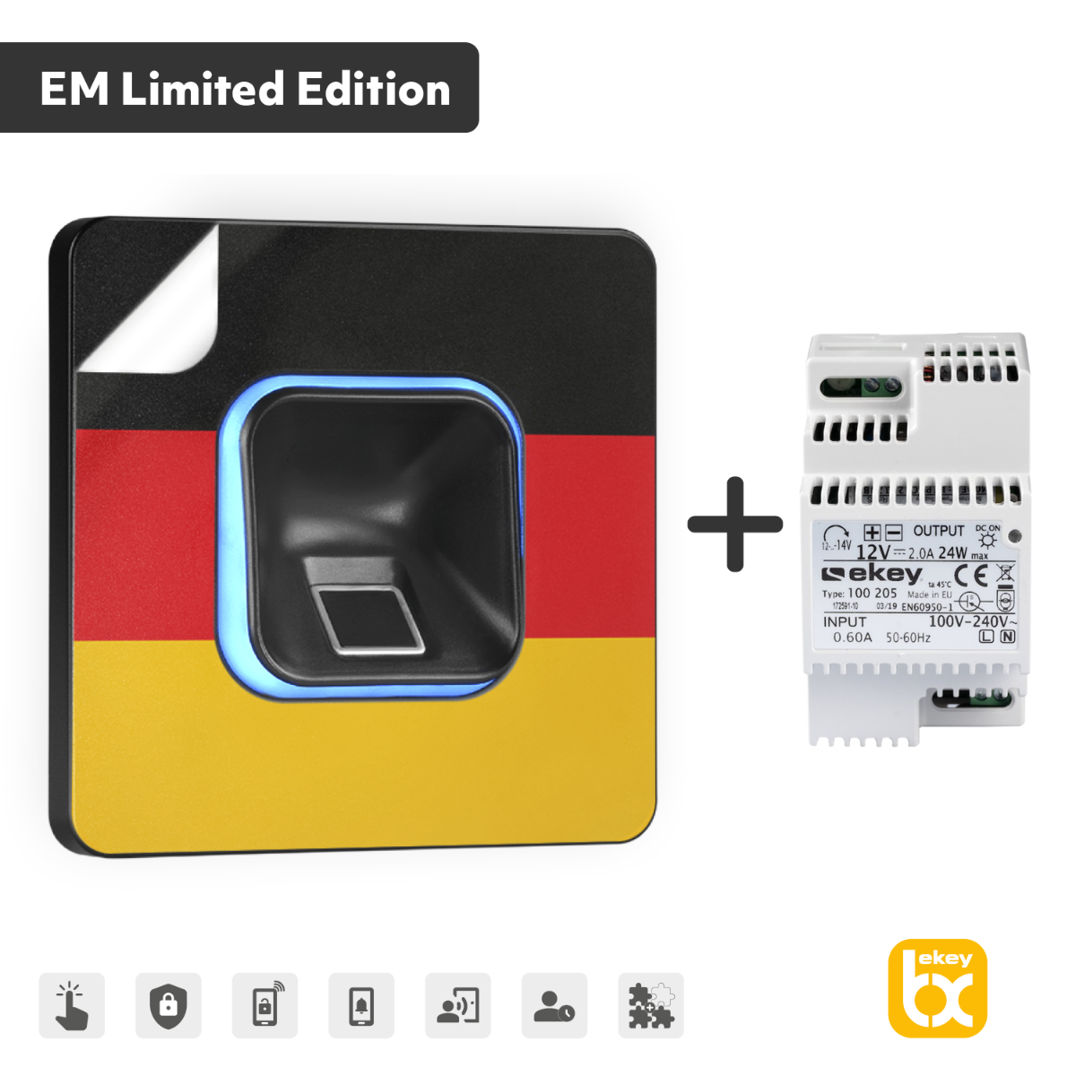 EKEY xLine Fingerprintset für Unterputzmontage, Kunststoffrahmen in Schwarz inkl. Netzteil und rückstandsfreier Deutschland-Klebefolie