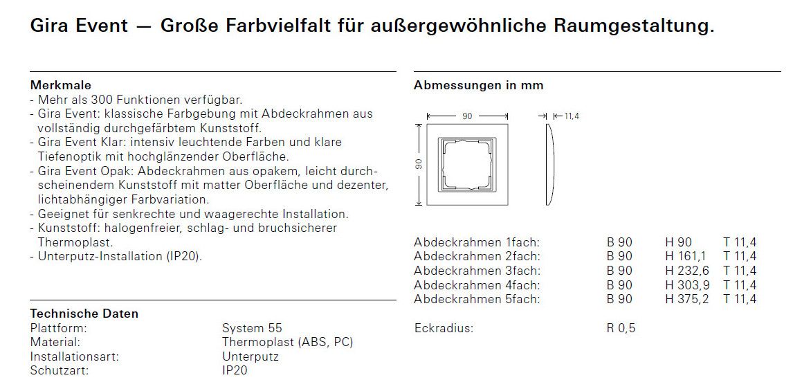 GIRA 0214723 Abdeckrahmen 4fach Zwischen rahmen RW gl. Event Klar Weiß