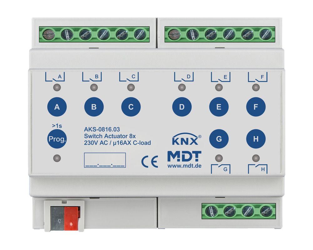 MDT AKS-0816.03 Schaltaktor 8fach 6TE REG 16A 230VAC C-Last Standard 140µF