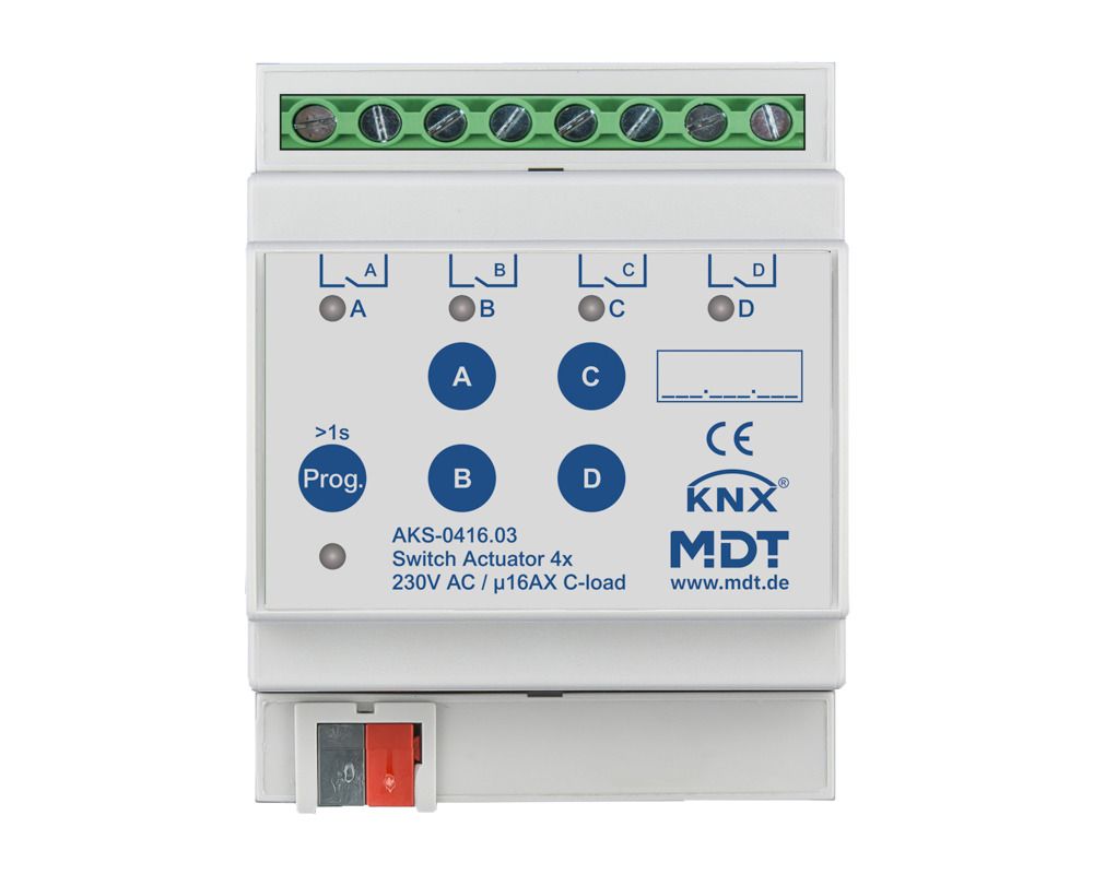 MDT AKS-0416.03 Schaltaktor 4fach 4TE REG 16A 230VAC C-Last Standard 140µF