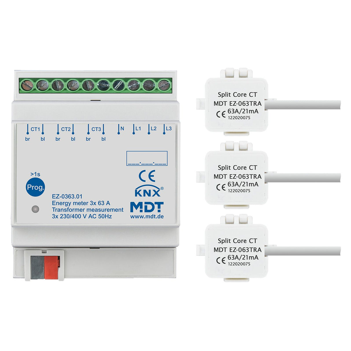 MDT EZ-0363.01 Energiezähler 3fach 63A Wandlermessung 4TE REG 230/400VAC