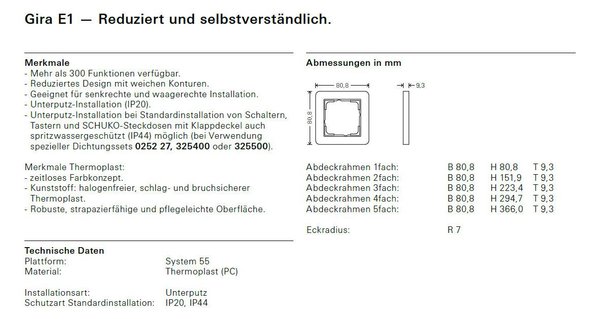 GIRA 0211150 Abdeckrahmen 1f Gira E1 Reinweiß