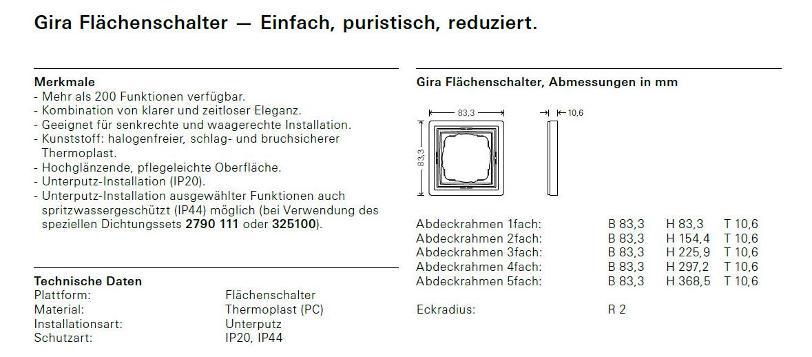 GIRA 0212112 Abdeckrahmen 2fach Flächenschalter Reinweiß glänzend