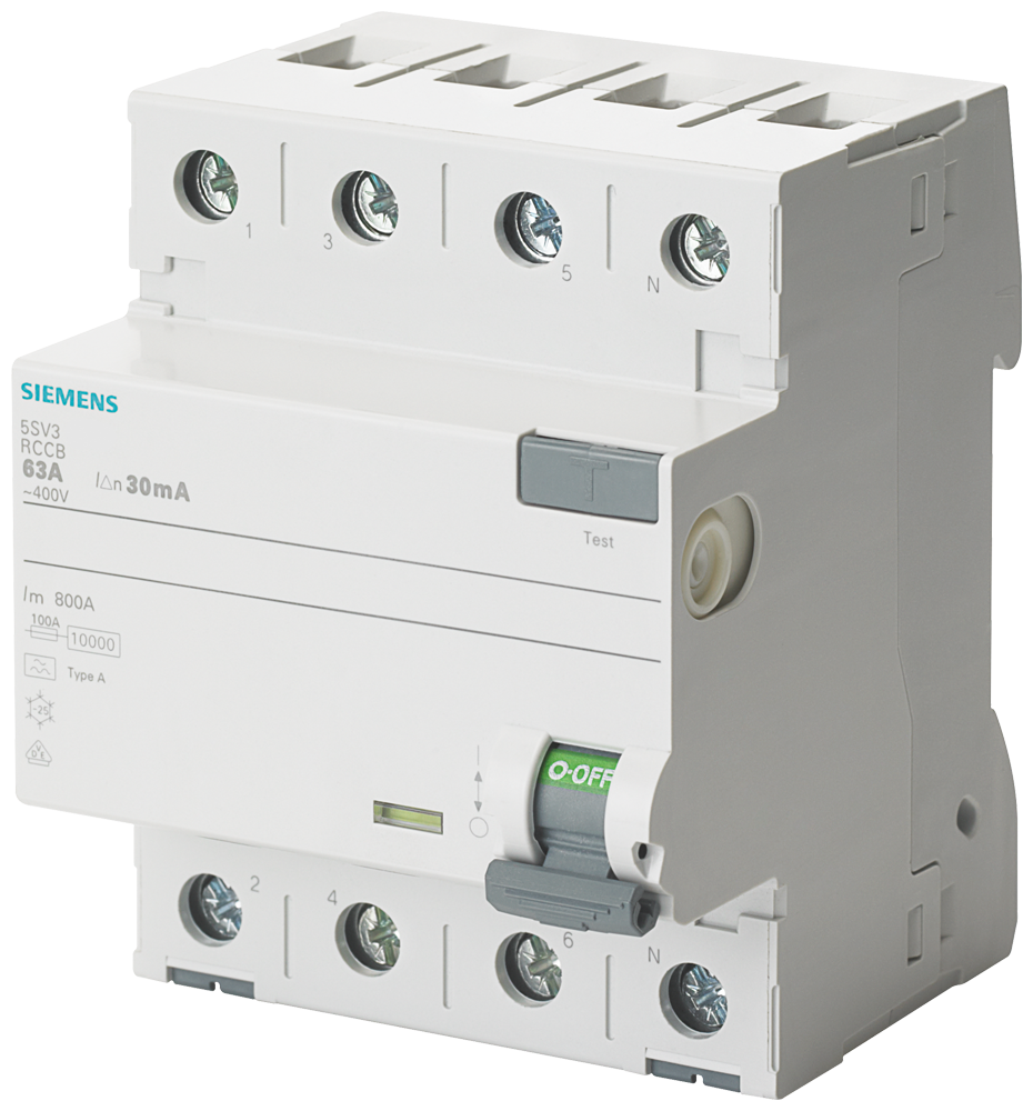 SIEMENS FI-Schutzschalter, 4-polig, Typ F, kurzzeitverzögert, In: 25 A, 30 mA, Un AC: 400 V