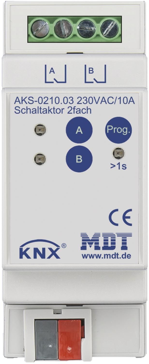 MDT AKS-0210.03 Schaltaktor 2fach 2TE REG 10A 230VAC C-Last Standard 140µF