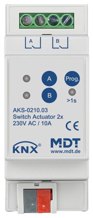 MDT AKS-0210.03 Schaltaktor 2fach 2TE REG 10A 230VAC C-Last Standard 140µF